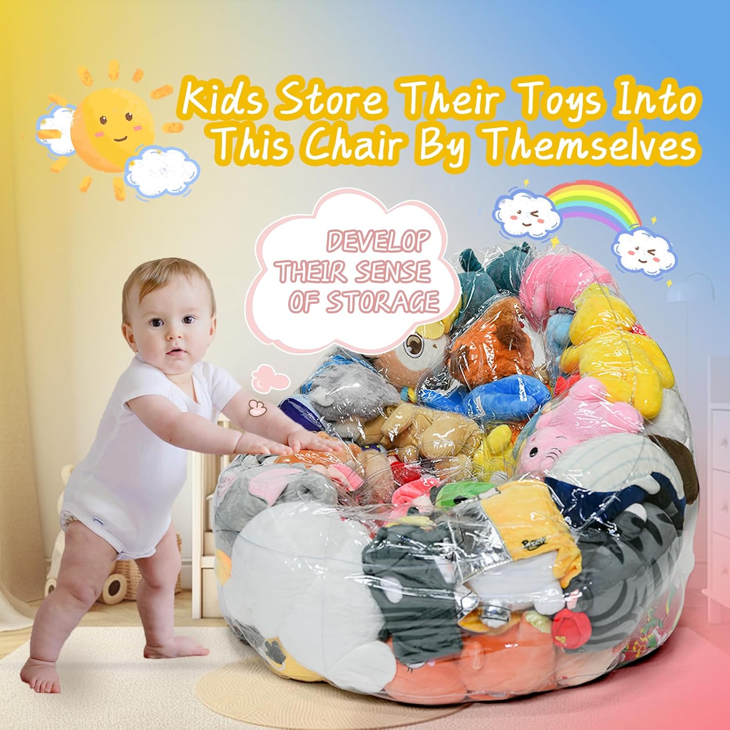 Bean Bag Chair Cover for Clear Stuffed Animal Chair Storage — Extra Large 150L Toy Organizer for Kids, Waterproof Easy-Clean Plush Toy Holder Seat (Cover Only, No Filler Included)