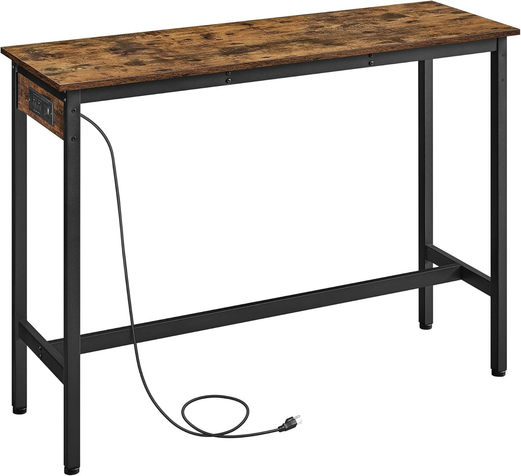 VASAGLE Bar Table, Narrow Long Kitchen Dining Table with Charging Station, Sturdy Metal Frame, Industrial, 15.7 x 47.2 x 35.4 Inches, Rustic Brown and Ink Black ULBT121K01