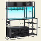 Itaar 47.2 Inch Bakers Rack with Power Outlet, Microwave Stand with Storage, Farmhouse Coffee Bar Cabinet Station with Wine Rack, Iron Mesh and 8-S Hooks (Black)