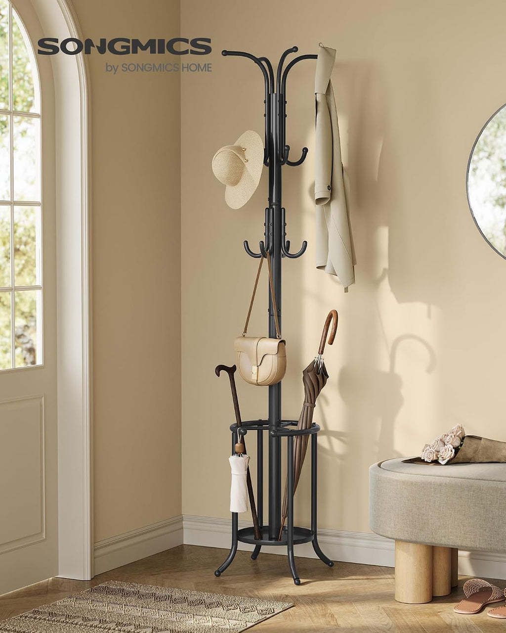 SONGMICS Coat Rack Freestanding Metal Coat Rack Stand with 12 Hooks | Coat Rack with Umbrella Holder, Ink Black, URCR011B01V1