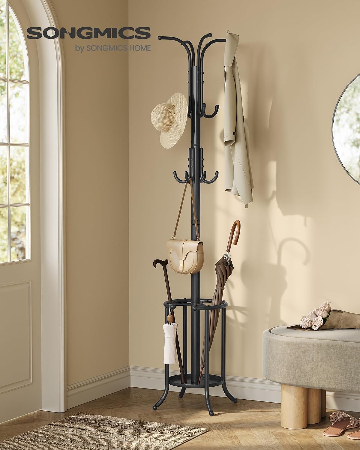 SONGMICS Coat Rack Freestanding Metal Coat Rack Stand with 12 Hooks | Coat Rack with Umbrella Holder, Ink Black, URCR011B01V1