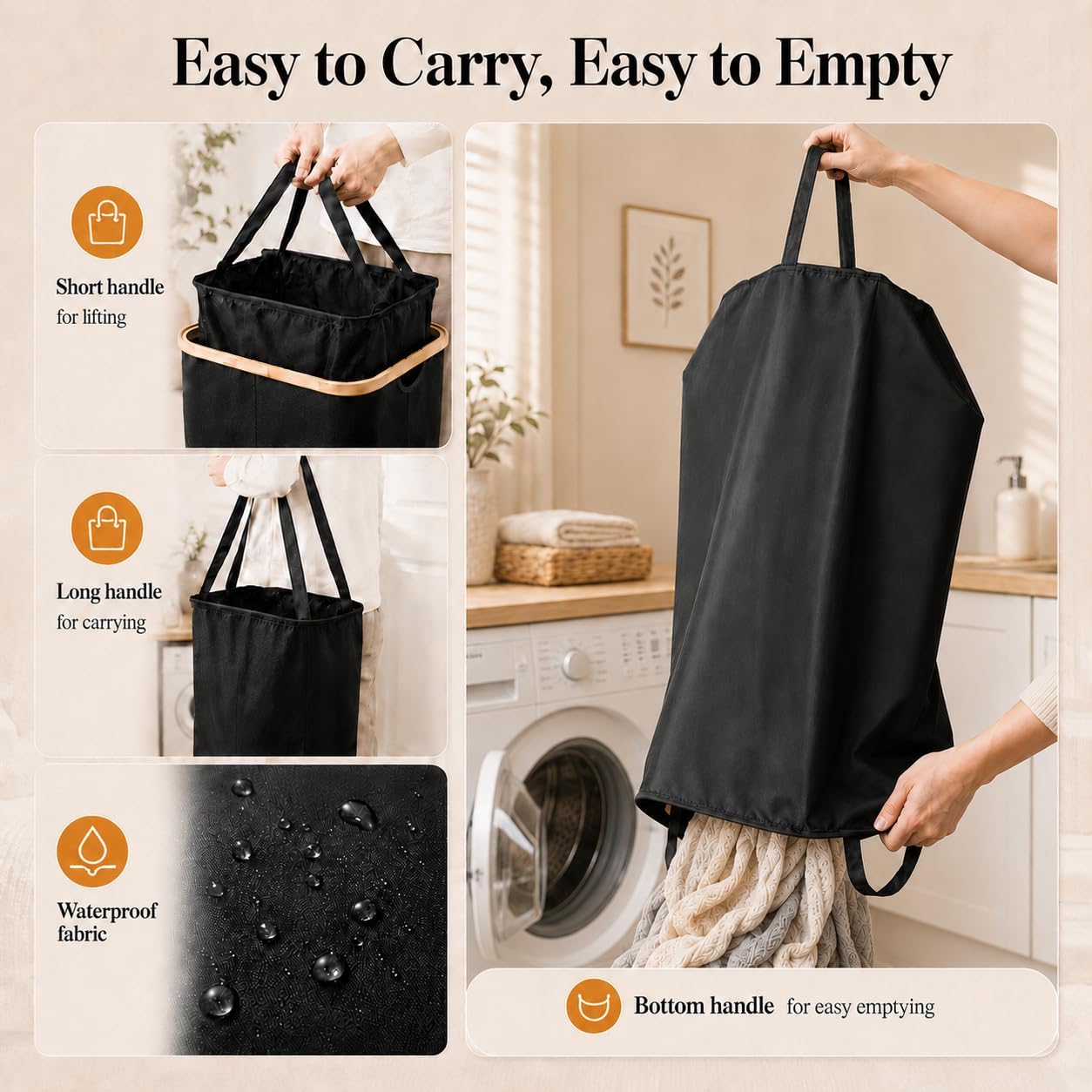 Foluck Large Laundry Hamper, 100L Waterproof Laundry Basket with Lid and Removable Bag, Collapsible Tall Clothes Hamper with Bamboo Handles for Clothes Toys in Dorm Bedroom Bathroom, Black