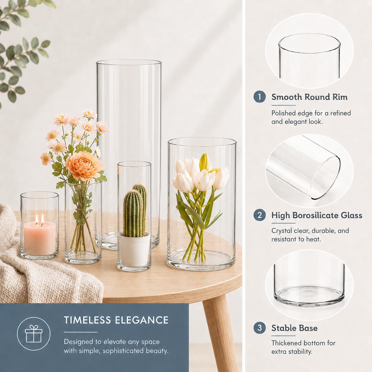 60pcs Glass Vase Cylinder Vases for Centerpieces 4,6,7.5,8,10 Inch Tall Small Flower Glass Vases Home Decor Centerpiece Table Clear Flower Vase Decorations for Wedding＆Holiday