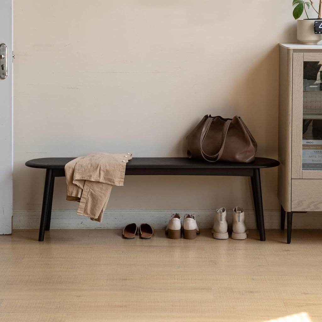 100% Solid Oak Dining Bench, Wood Bench for End of Bed with Rounded Corners, Entryway Benches for Entrance, Hallway, Kitchen, Living Room(Oak Black,12" L x 47.2" W x 16.2" H)
