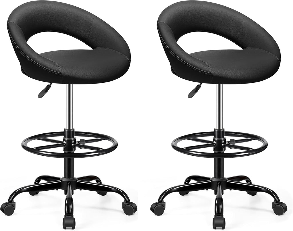 BESTFAIR Office Drafting Chair - Bar Stools with Back Support, Adjustable Foot Rest and Wheels, Shop Rolling Swivel Chair for Standing Desk Counter Kitchen Salon Home Vanity, Black 2 Pack