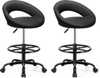 BESTFAIR Office Drafting Chair - Bar Stools with Back Support, Adjustable Foot Rest and Wheels, Shop Rolling Swivel Chair for Standing Desk Counter Kitchen Salon Home Vanity, Black 2 Pack