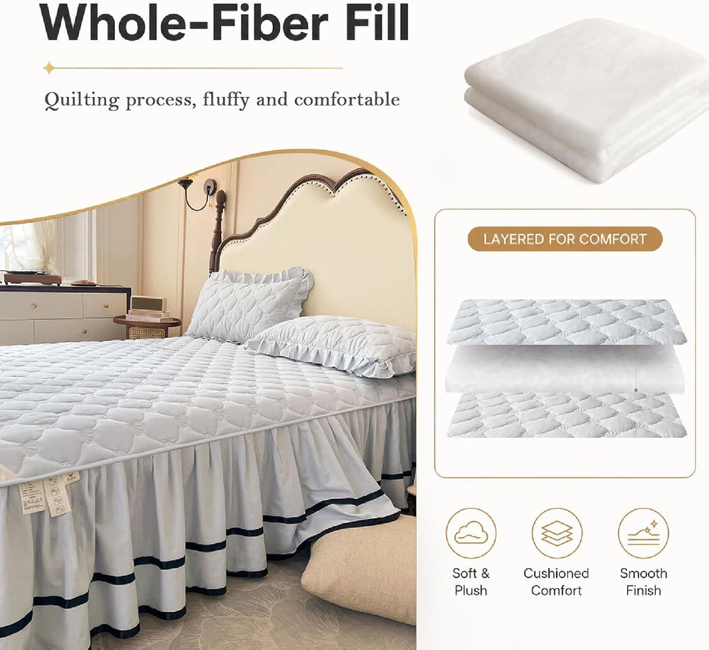 Bed Skirt Wrap Around Elastic with Ruffled Modern Comfort Breathable Bedskirt with 2 Pillowcases for Bedroom Decor Machine Washable