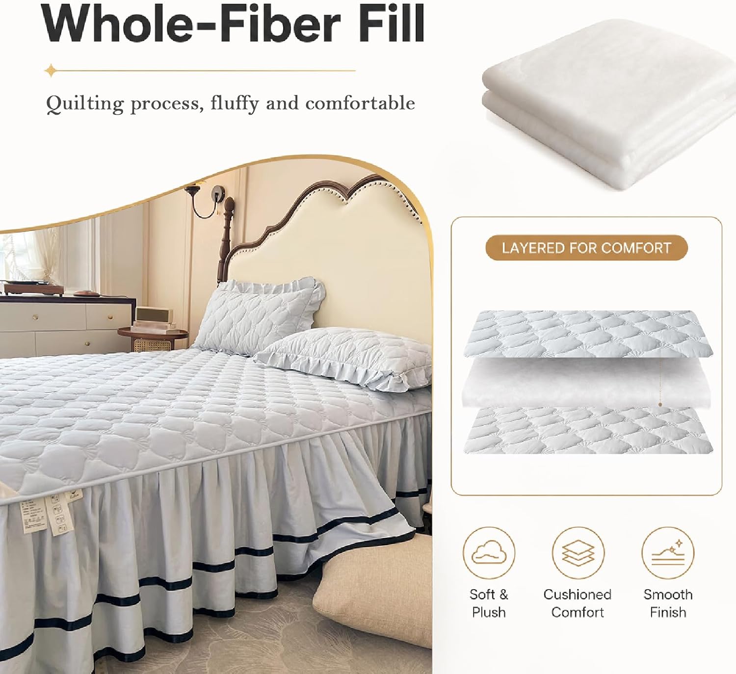 Bed Skirt Wrap Around Elastic with Ruffled Modern Comfort Breathable Bedskirt with 2 Pillowcases for Bedroom Decor Machine Washable