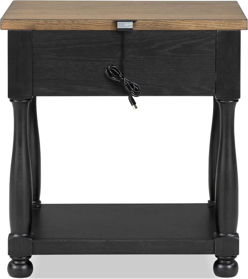 Furniture of America Narella Modern Farmhouse Solid Wood End Tables Set of 2, Bedside Nightstand with Drawer, Shelf and USB Ports, Wooden Night Stand for Bedroom, Dorm, Black/Rustic Oak