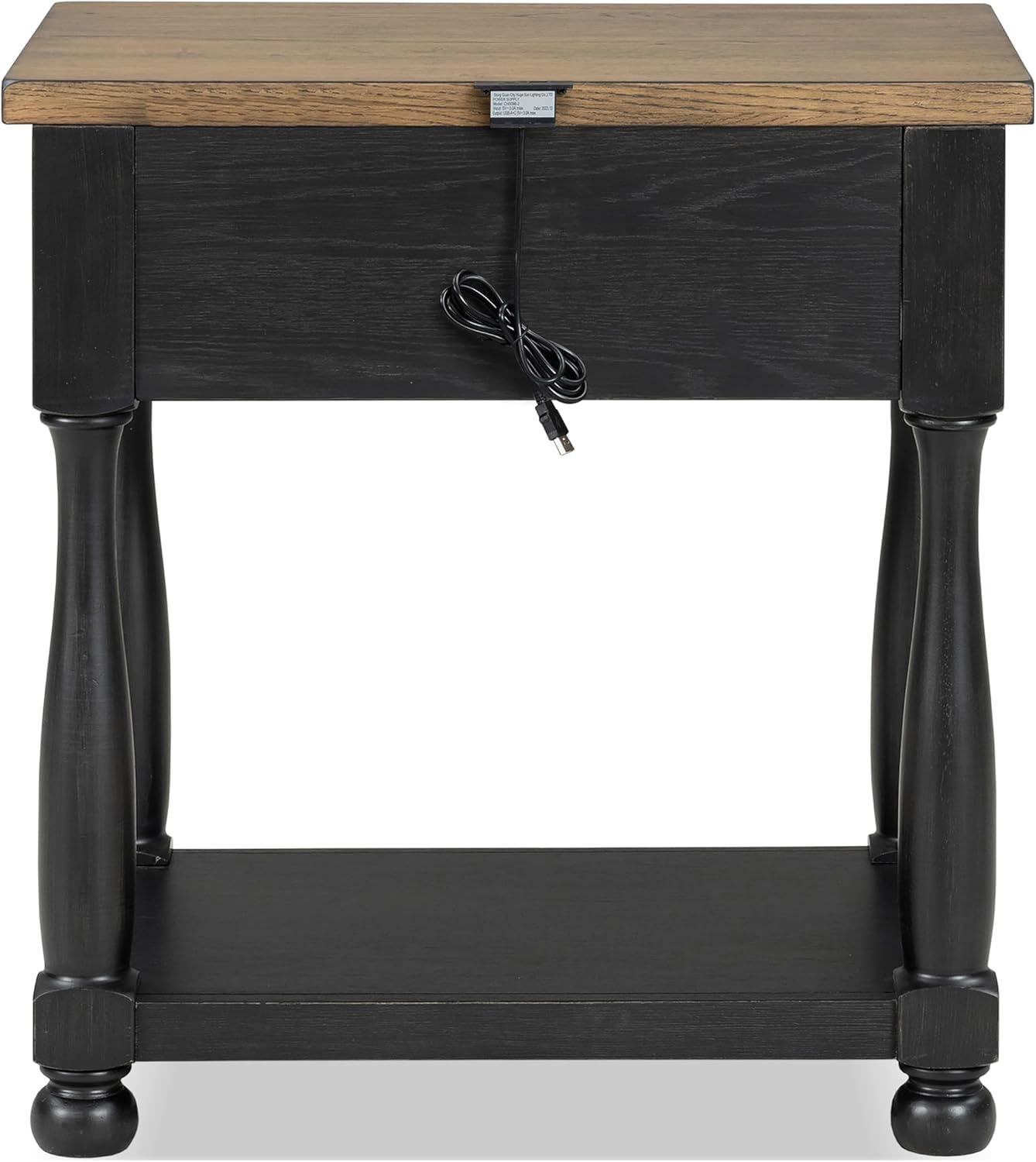 Furniture of America Narella Modern Farmhouse Solid Wood End Tables Set of 2, Bedside Nightstand with Drawer, Shelf and USB Ports, Wooden Night Stand for Bedroom, Dorm, Black/Rustic Oak