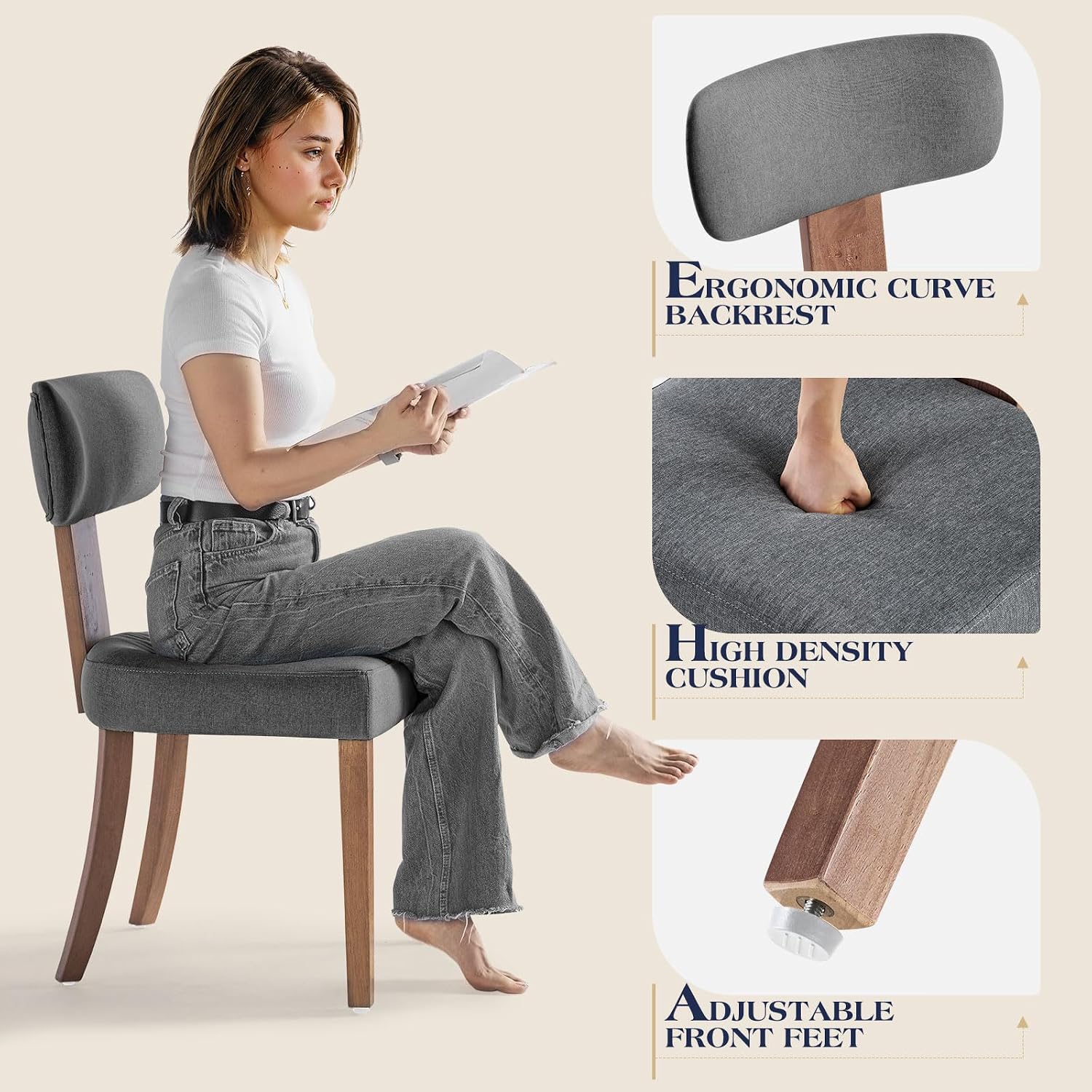 LUXOAK Mid Century Modern Dining Chairs Set of 2, Linen Upholstered Kitchen Chairs with Curved Backrest & Adjustable Legs for Living Room/Bedroom/Lounge, Easy to Install, Grey Linen
