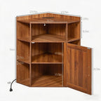 VECELO Corner Storage Cabinet with Charging Station, 34" Shelf with Door & Adjustable Shelves, Organizer for Living Room, Office & Gaming Setup, Fits Monitors up to 43" TV, Brown