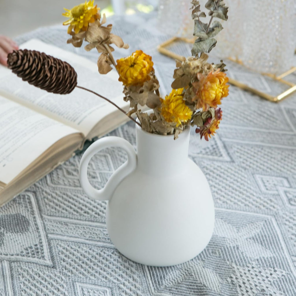Tanvecle White Ceramic Vase Set - 2 Small Vases with Handle, Pottery Vases for Modern Home Decor, Minimalist Matte Pitcher for Fowers, Decorative Clay Vase Centerpiece Dining Table Decorations