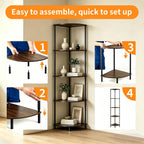 Corner Shelf Stand 5 Tier, Tall Slim Corner Bookshelf, Small Storage Display Shelving Unit for Home Office, Bathroom, Bedroom, Easy Assembly with Anti-Tip Design, Rustic Brown