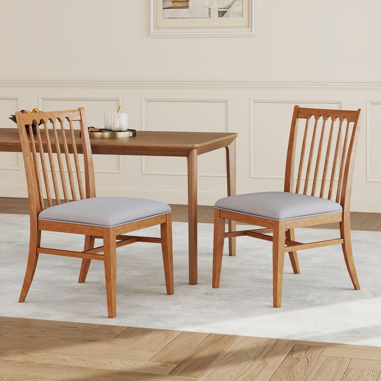 Wood Dining Chairs Set of 2, Upholstered Farmhouse Dining Room Chair, Chenille Armless Side Chair with Solid Rubberwood Legs, Rustic Wooden Kitchen Chair for Kitchen/Living Room, Grey