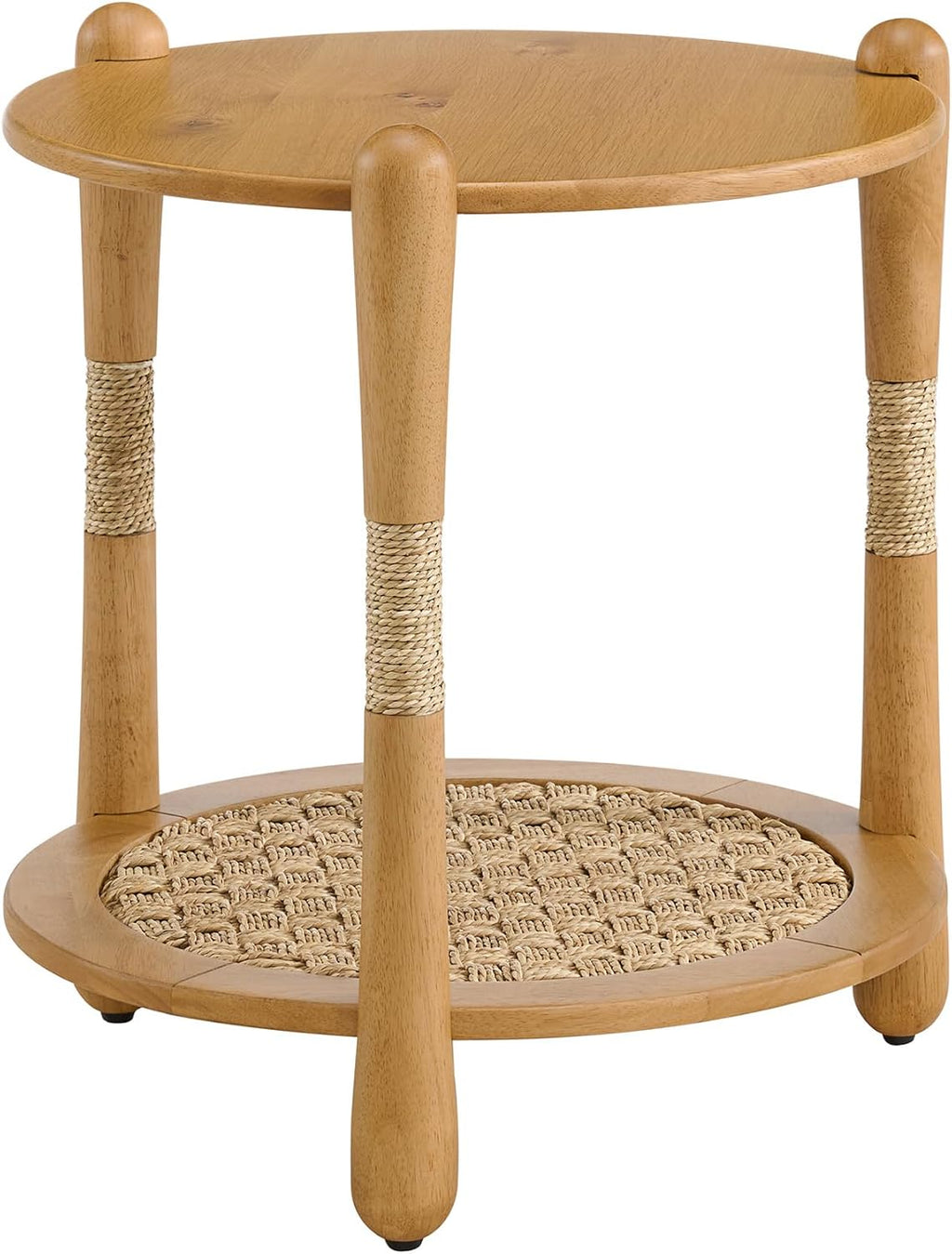 Harbor Oak 20" Round Oak Wood End Table with Seagrass Accents and Shelf Storage | Coastal Boho Side Table. Natural Oak Finish.