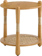 Harbor Oak 20" Round Oak Wood End Table with Seagrass Accents and Shelf Storage | Coastal Boho Side Table. Natural Oak Finish.