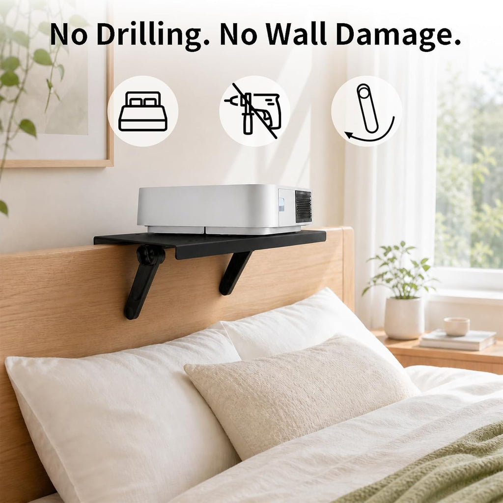 Projector Shelf, No Drill Projector Mount for Bed Frame & Sofa, 12x9.5 Inch, Movable with Wall Mount Option for Projector Shelf