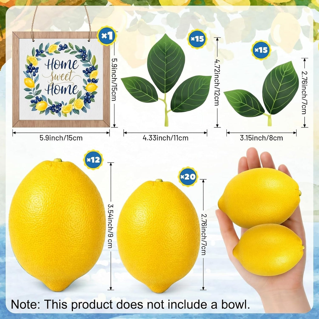 Norme 63 Pcs Artificial Lemon Decoration for Home Centerpiece, Faux Yellow Lemons, Artificial Fake Lemon Leaves and Wooden Desktop Sign Decor for Home, Kitchen, Party Decor, Photography Props
