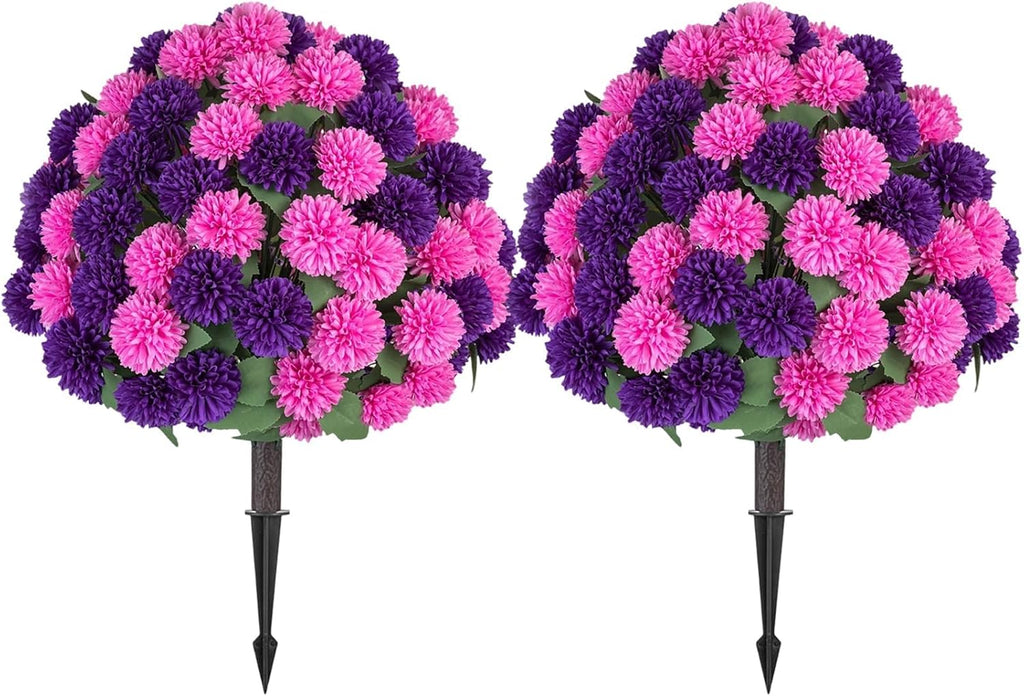 Fake Outdoor Flowers with Stakes - Set of 2 Pink Purple 33" H X 19.7" W Artificial Mums Topiary Flower Balls for Front Porch Planters Decor - Faux Silk Floral Bushes Plants for Outside Patio Yard