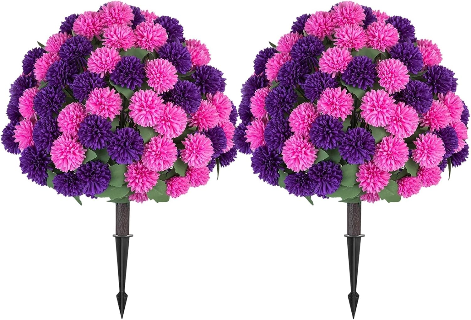 Fake Outdoor Flowers with Stakes - Set of 2 Pink Purple 33" H X 19.7" W Artificial Mums Topiary Flower Balls for Front Porch Planters Decor - Faux Silk Floral Bushes Plants for Outside Patio Yard
