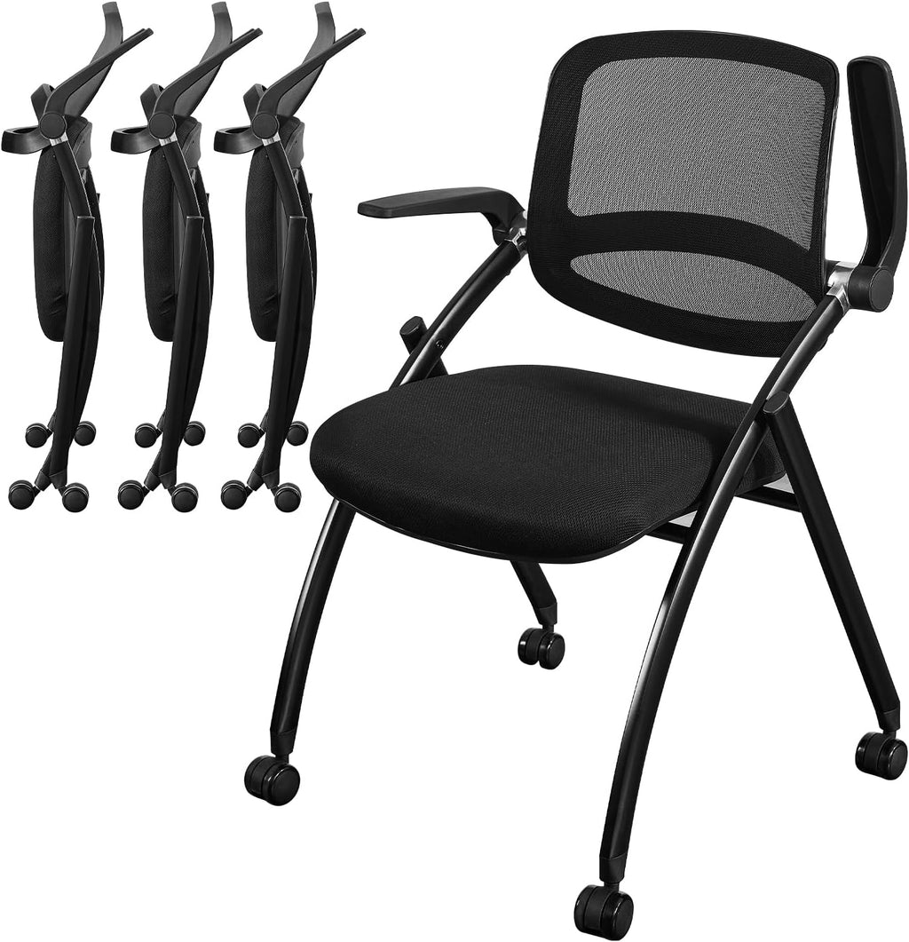 Folding Office Chair Flip Up Arm，Conference Room Chairs with Wheels, Foldbable Office Desk Chair with Adjustable Back Rest for Training Room, Guest Reception Chair (Black)