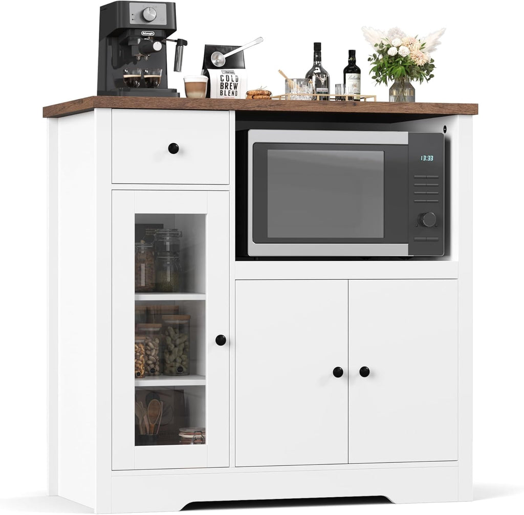 GarveeHome Kitchen Microwave Cabinet with Storage and Drawers, Modern Small Buffet Cabinet with Glass Doors and Adjustable Shelf, Wooden Sideboard with Wide Top for Dining Room, Living Room, White