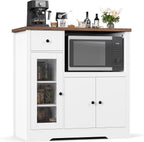 GarveeHome Kitchen Microwave Cabinet with Storage and Drawers, Modern Small Buffet Cabinet with Glass Doors and Adjustable Shelf, Wooden Sideboard with Wide Top for Dining Room, Living Room, White