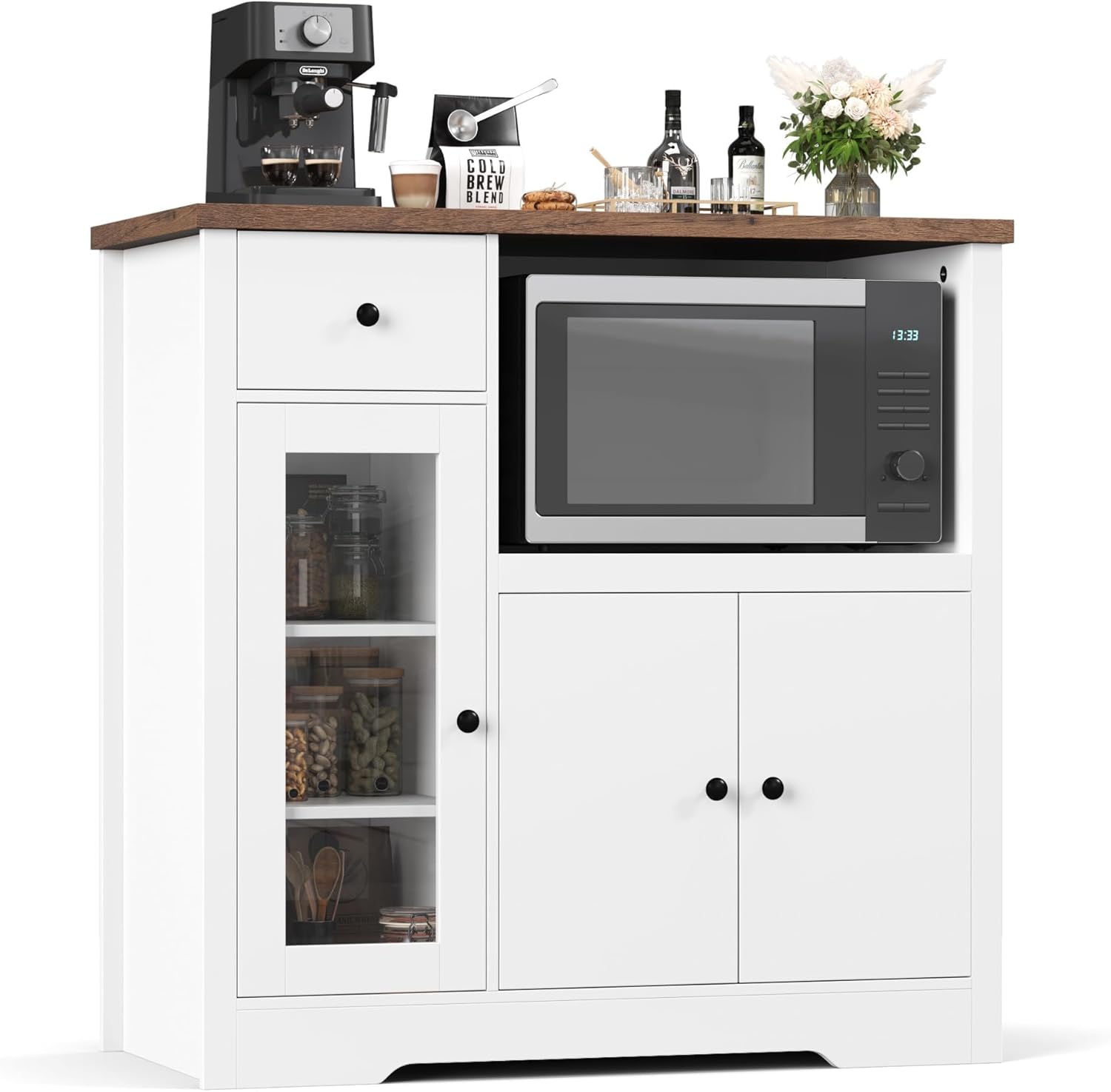 GarveeHome Kitchen Microwave Cabinet with Storage and Drawers, Modern Small Buffet Cabinet with Glass Doors and Adjustable Shelf, Wooden Sideboard with Wide Top for Dining Room, Living Room, White