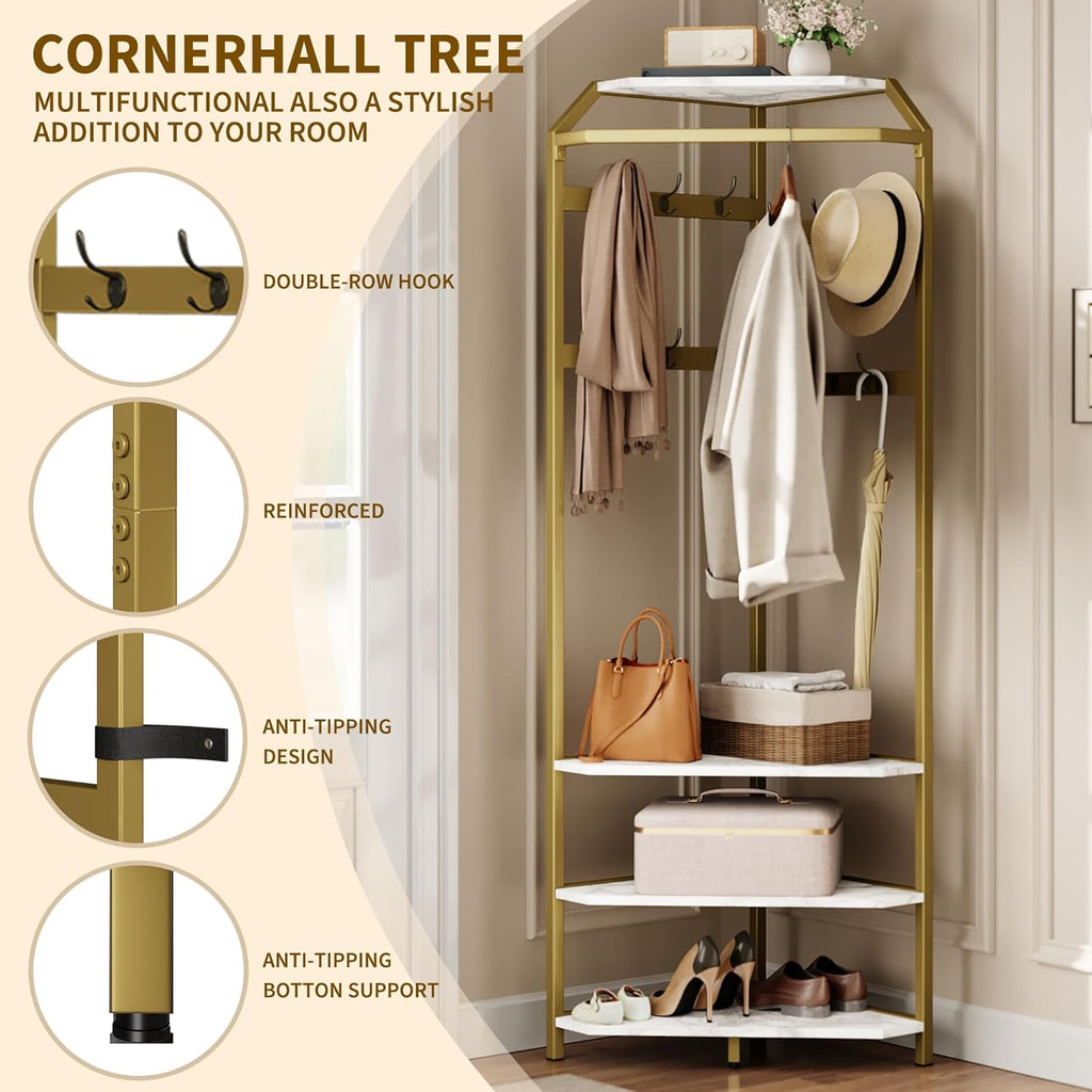 Corner Coat Rack Freestanding, 50x50x180cm Gold Metal Hall Tree with Storage Shelves & Hooks, Space-Saving 90° Corner Garment Rack for Entryway, Bedroom, Hallway, Office