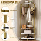 Corner Coat Rack Freestanding, 50x50x180cm Gold Metal Hall Tree with Storage Shelves & Hooks, Space-Saving 90° Corner Garment Rack for Entryway, Bedroom, Hallway, Office
