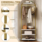 IDEALHOUSE Corner Coat Rack With Shoe Bench and 6 Double Hooks, Corner Hall Tree - Clothes Rack With Storage Hall Tree With Organizer Shelf for Entryway, Hallway, Closet (02-Gold)