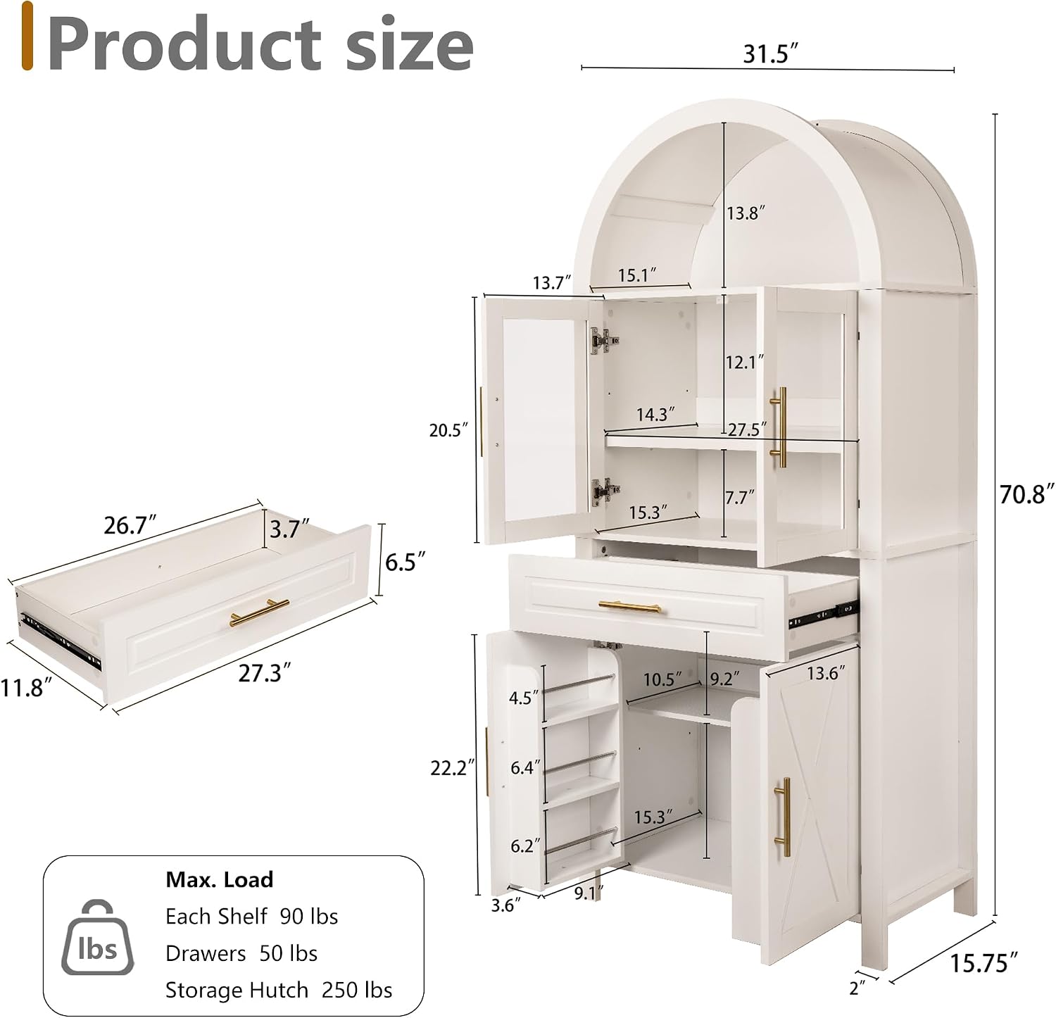 71" Tall Arched Pantry Cabinet, Farmhouse Kitchen Storage Cabinets with Adjustable Shelves & Glass Door, Drawer, Modern Display Versatile Cupboard for Kitchen Dining Room (White B)