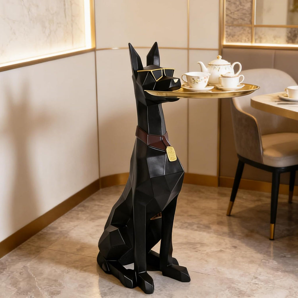 29in Geometric Dog Accent Table with Tray Butler Statue Animal Side Table for Modern Home Decor Dog Butler Statue with Tray Animal Accent Table for Living Room, Bedroom, Study, Patio (Black)