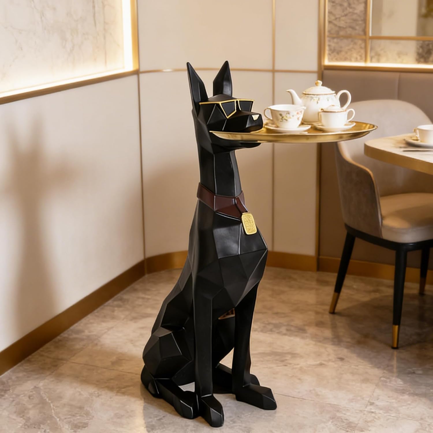 29in Geometric Dog Accent Table with Tray Butler Statue Animal Side Table for Modern Home Decor Dog Butler Statue with Tray Animal Accent Table for Living Room, Bedroom, Study, Patio (Black)