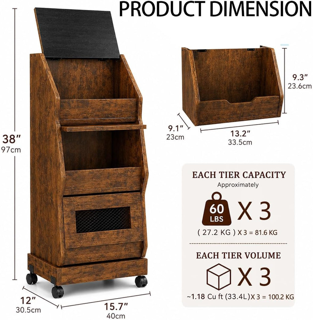 Rustic Farmhouse Pantry Cabinet with Wheels, Wooden Kitchen Storage Organizer for Potatoes, Onions and Bread, Rolling Produce Storage Cabinet for Fruits, Vegetables and Snacks