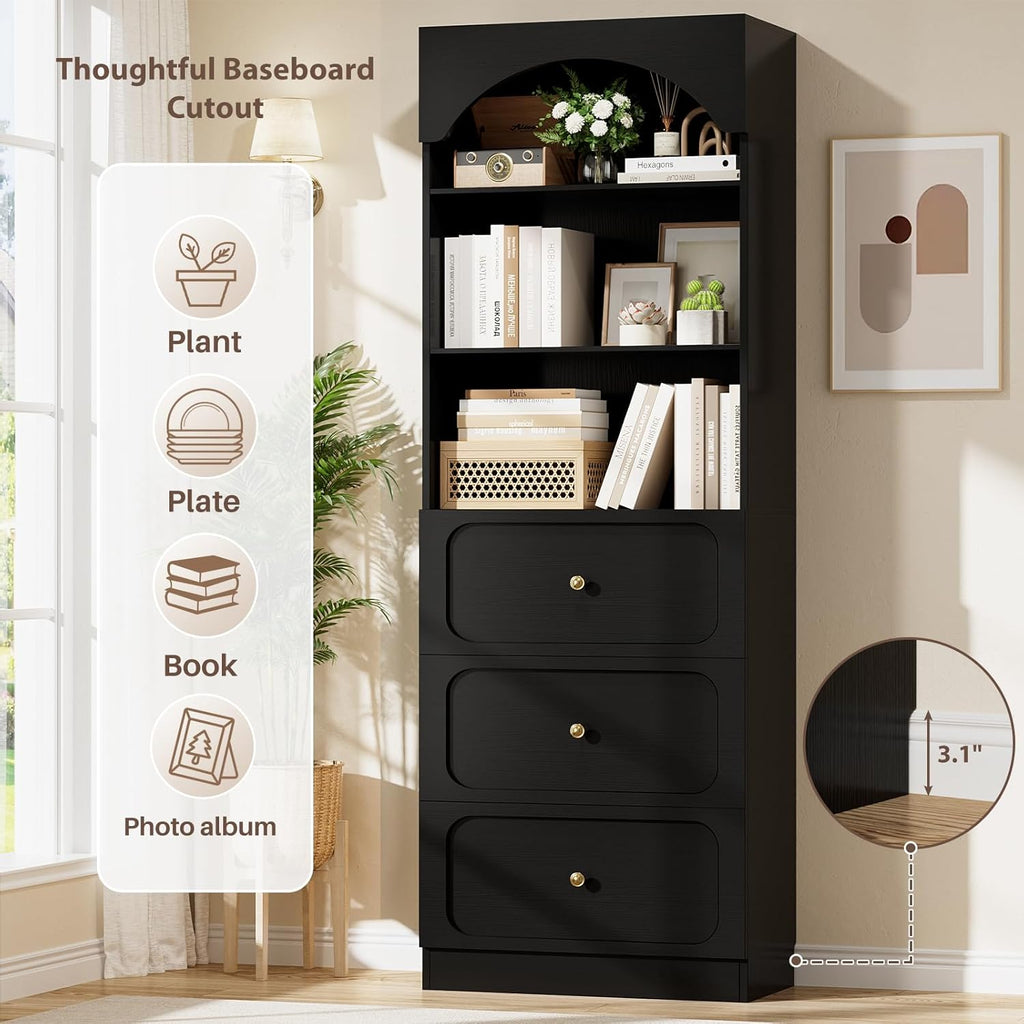 Cyclysio 80" Kitchen Pantry with 6 Drawers, Extra Tall Arch Storage Cupboard with 6-Tier Open Shelves, Freestanding Wood Shelf with Baseboard Cutout for Dining Living Room Bathroom Furniture