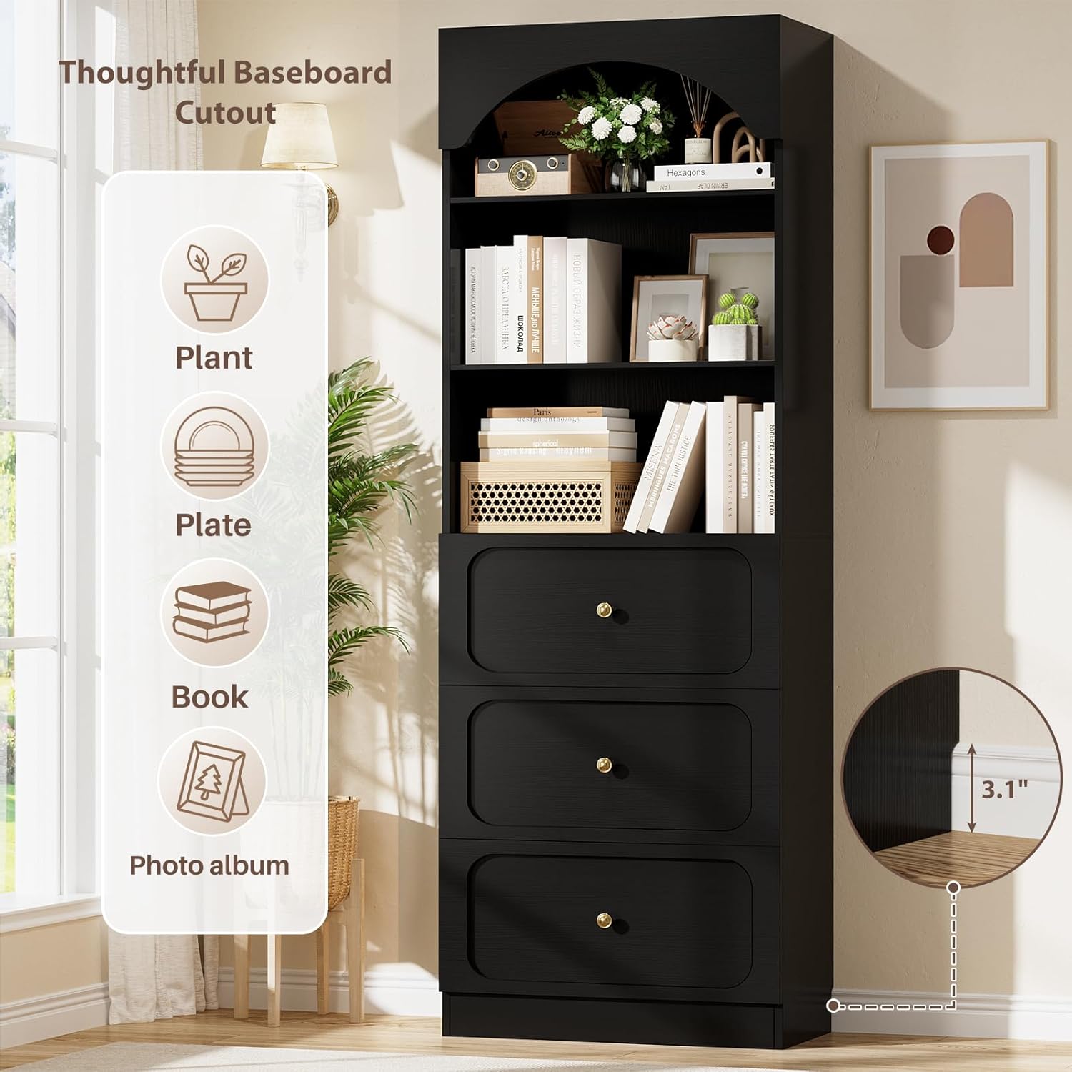 Cyclysio 80" Kitchen Pantry with 6 Drawers, Extra Tall Arch Storage Cupboard with 6-Tier Open Shelves, Freestanding Wood Shelf with Baseboard Cutout for Dining Living Room Bathroom Furniture