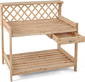 TANGZON Garden Potting Table, Solid Fir Wood Planting Workstation with Versatile trellis, Drawer, Raised Edge, Top & Lower Shelf, Wooden Flower Potting Bench for Backyard Balcony Lawn