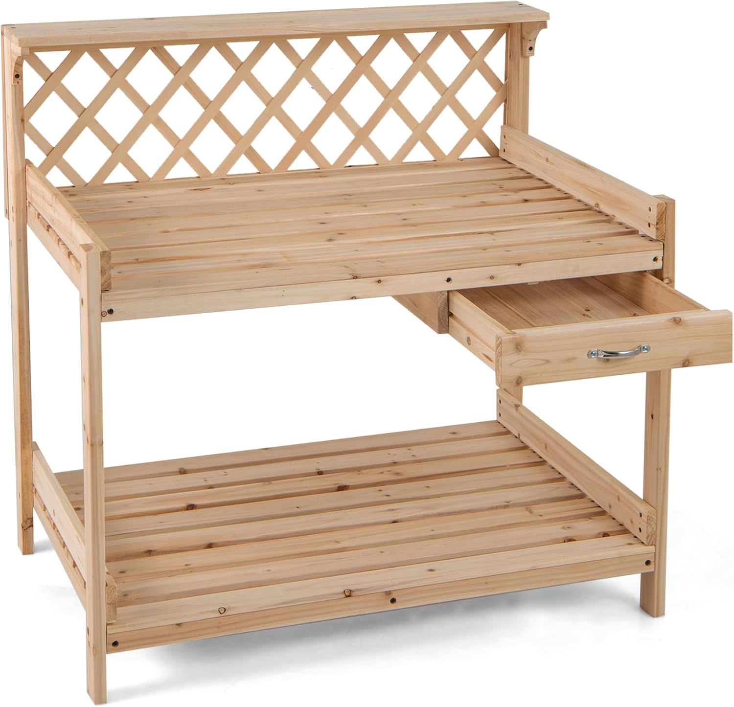TANGZON Garden Potting Table, Solid Fir Wood Planting Workstation with Versatile trellis, Drawer, Raised Edge, Top & Lower Shelf, Wooden Flower Potting Bench for Backyard Balcony Lawn