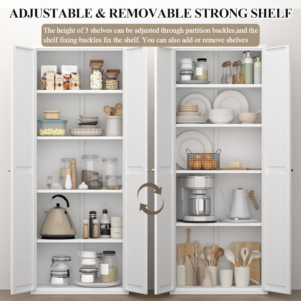 71" Tall Kitchen Pantry Storage Cabinet, 2 Doors Metal Food Pantry Cabinets, Kitchen Storage Cabinet with Adjustable Shelves Tfreestanding Pantry Cupboard for Dining Room (White)