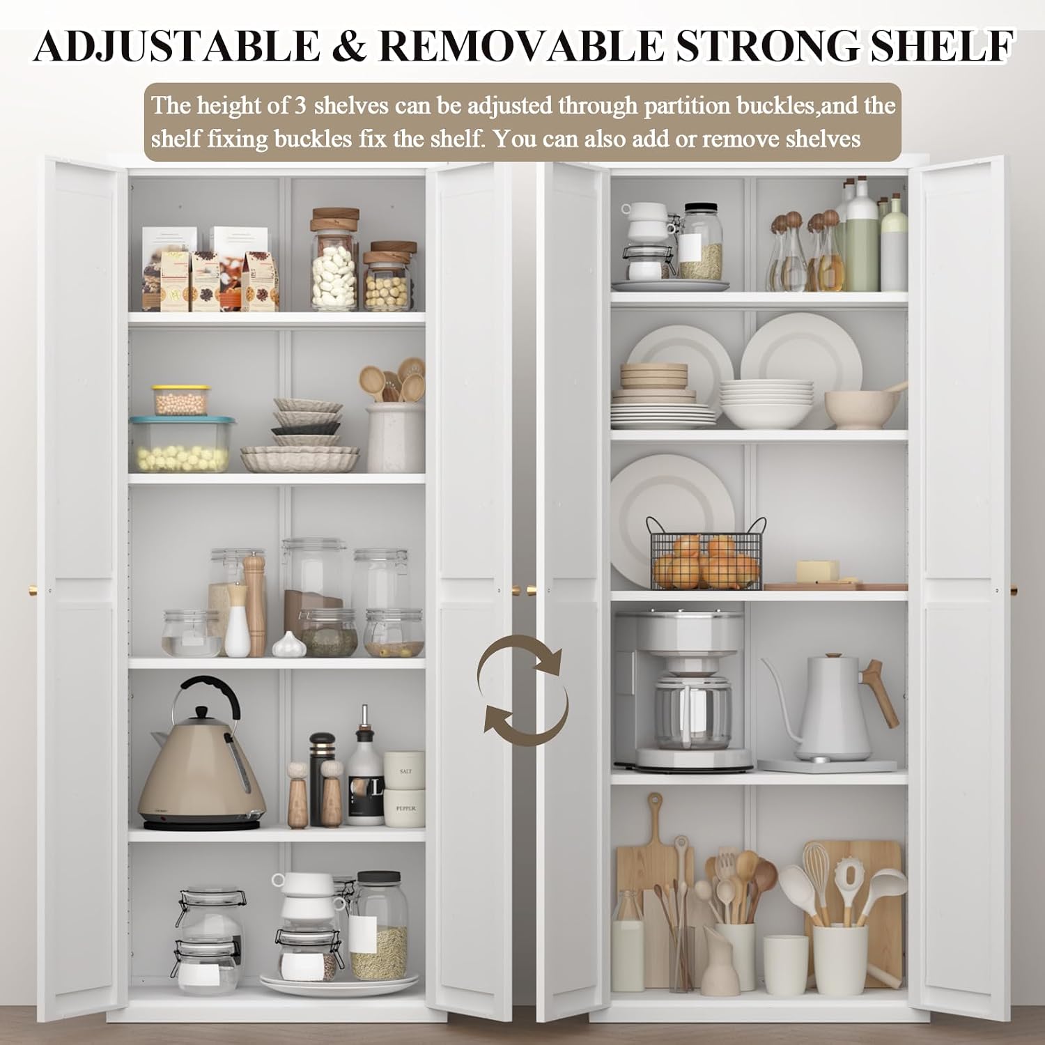 71" Tall Kitchen Pantry Storage Cabinet, 2 Doors Metal Food Pantry Cabinets, Kitchen Storage Cabinet with Adjustable Shelves Tfreestanding Pantry Cupboard for Dining Room (White)