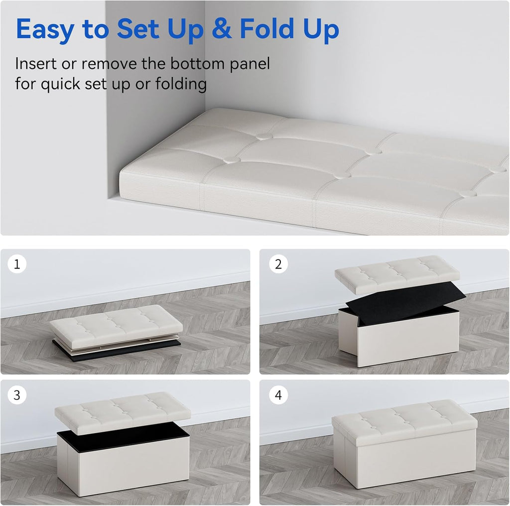 BRIAN & DANY 30 Inches Storage Ottoman Bench, Faux Leather Ottoman with Storage, Folding Bench Shoe, Foot Rest Stool, for Living Room, White