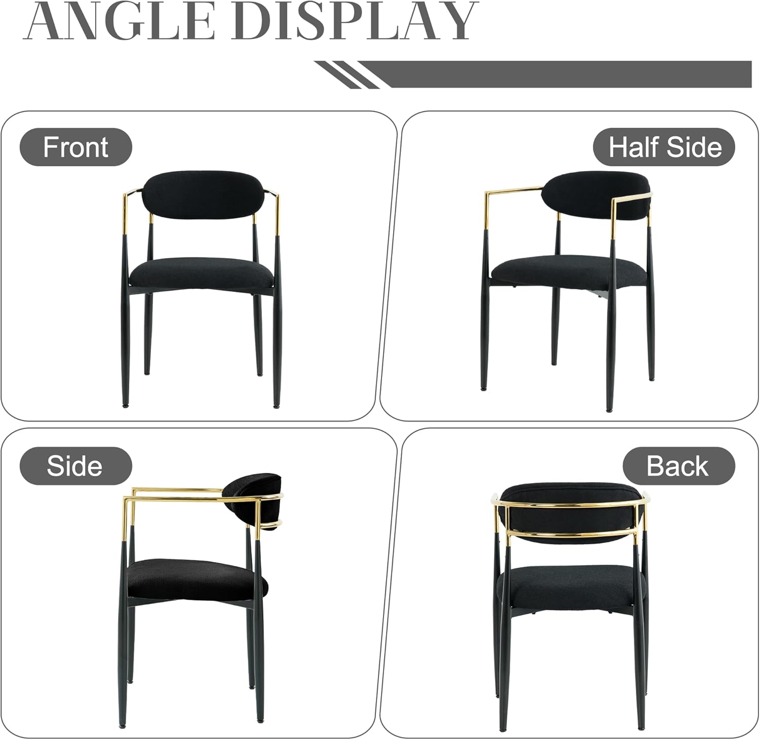 Baysitone Dining Chairs Set of 2 Mid-Century Modern Upholstered Boucle Dining Room Chairs Open Back Curved Backrest Black Metal Legs Gold Armchairs for Kitchen Living Room, Black(Only Chairs)