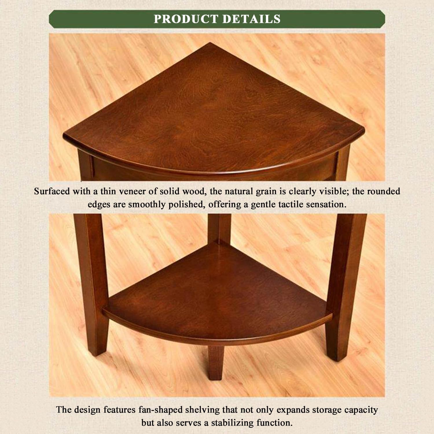 Home Furnishing Corner Table, Solid Wood Triangle Corner End Table, Compact Sofa Side Tables for Small Space Little Corner (Brown,15 * 15 * 28.7in)