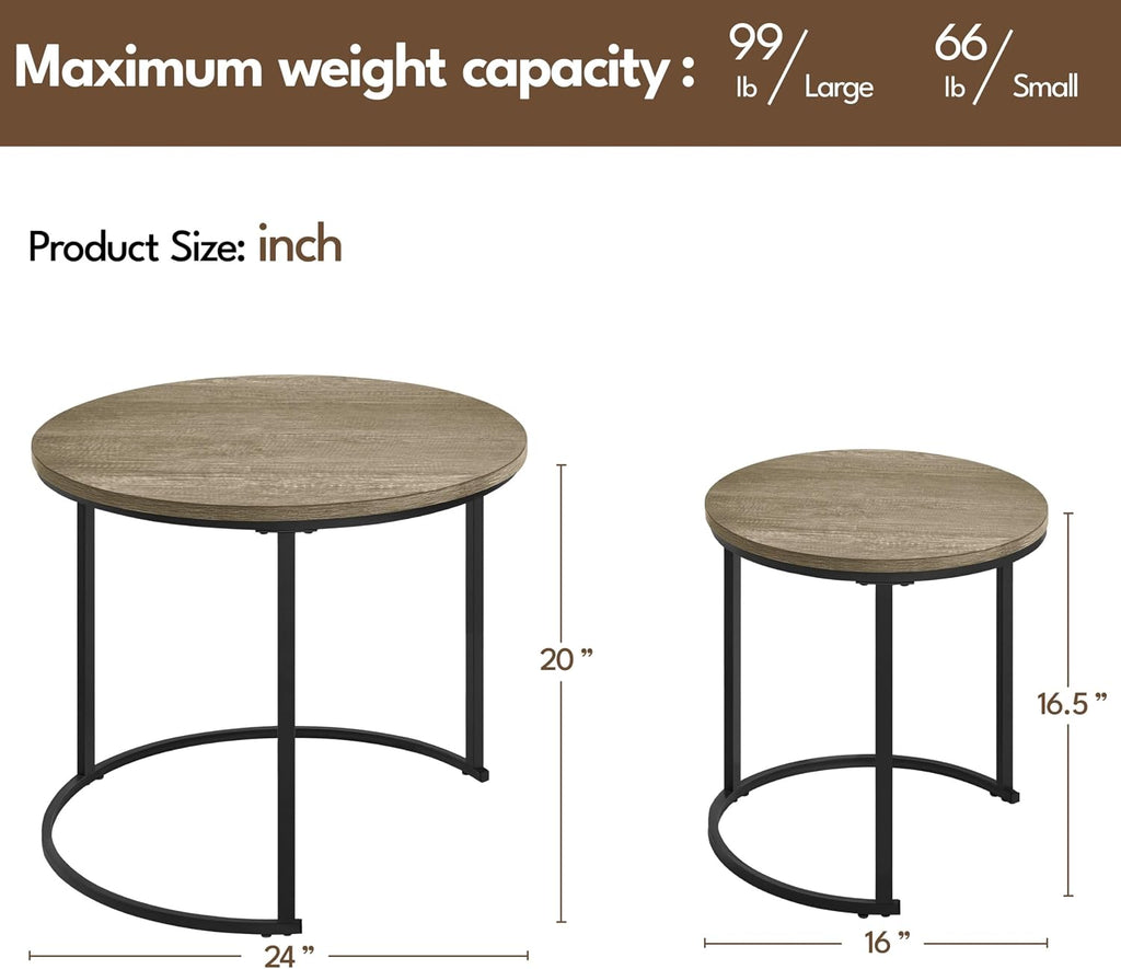 Yaheetech Nesting End Table Set of 2, Rustic Stacking Side Tables, Round Wooden Tabletop and Sturdy Metal Base for Living Room, Tea Room, Small Space, Gray | Nesting Table