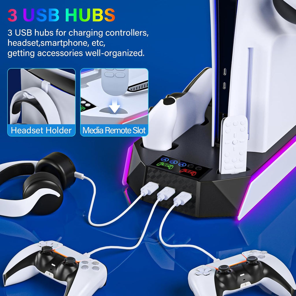 PS5 / PS5 Slim Cooling Station with Controller Charging Station - LED Light Cooling Stand for Playstation 5 Slim Disc/Digital Console, Accessories Incl RGB Light/Cooler Fan/3 USB Hubs/Headset Holder