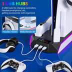 PS5 / PS5 Slim Cooling Station with Controller Charging Station - LED Light Cooling Stand for Playstation 5 Slim Disc/Digital Console, Accessories Incl RGB Light/Cooler Fan/3 USB Hubs/Headset Holder