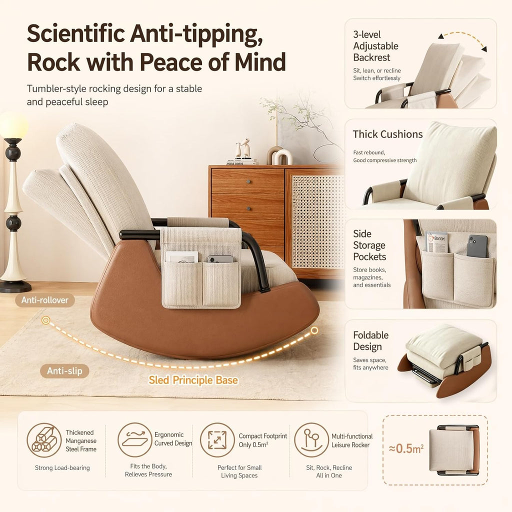Nursery Rocking Chairs Gliding Rocking Chair with Retractable Foot Rest, 3-Position Adjustable Recline Two-Tone Corduroy Foldable Anti-Tip Sled Base Living Room