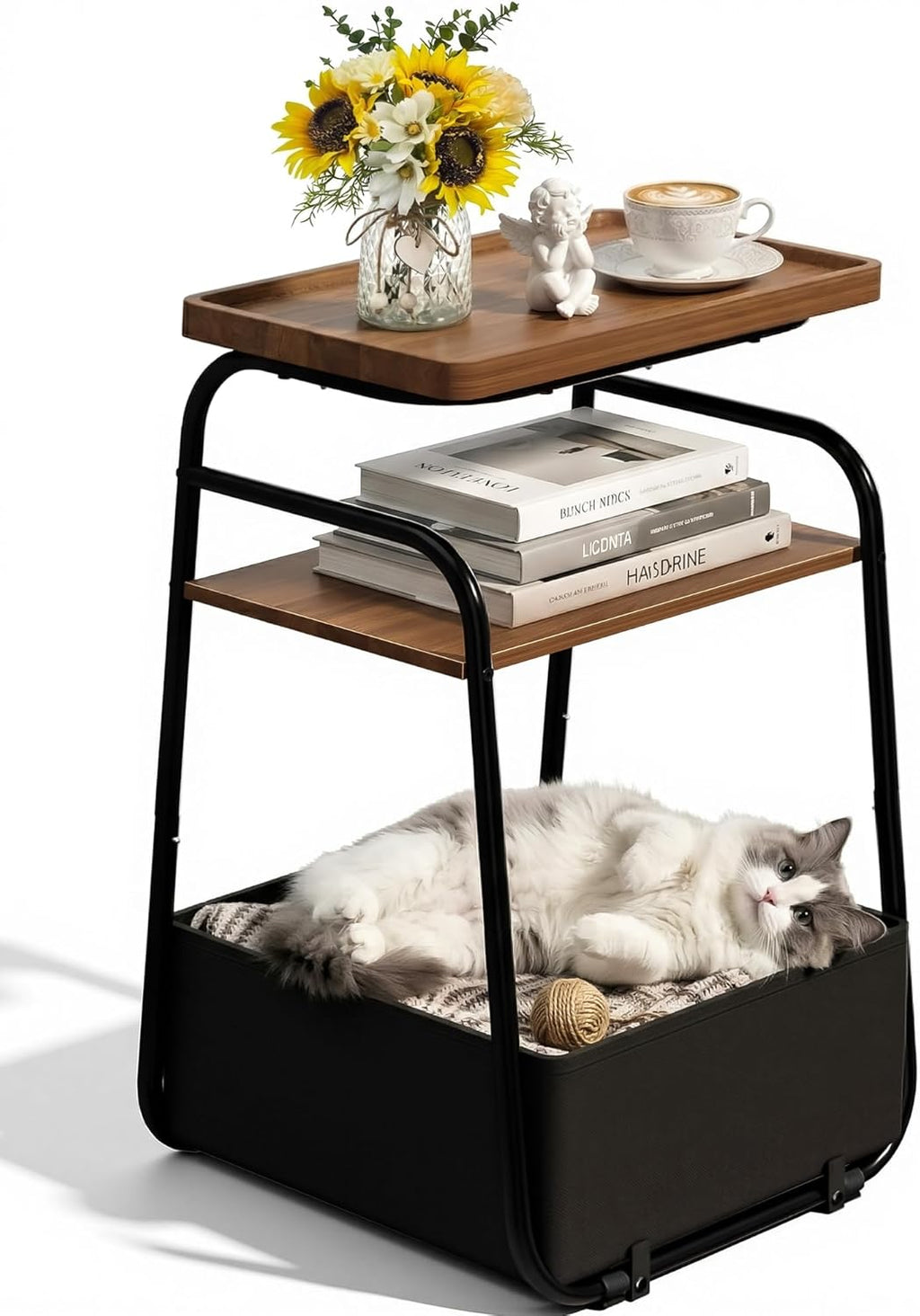 3 Tiers End Table with Fabric Basket, Small Side Table for Small Spaces, Modern Decor Nightstand with Handle, Tv Tray for Living Room, Bedroom, Dorm, Walnut